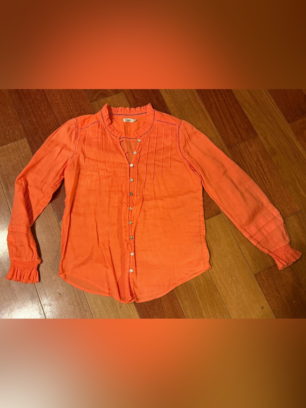 Faherty Coral-Red Button Front Ruffle Blouse - Picture 7 of 10